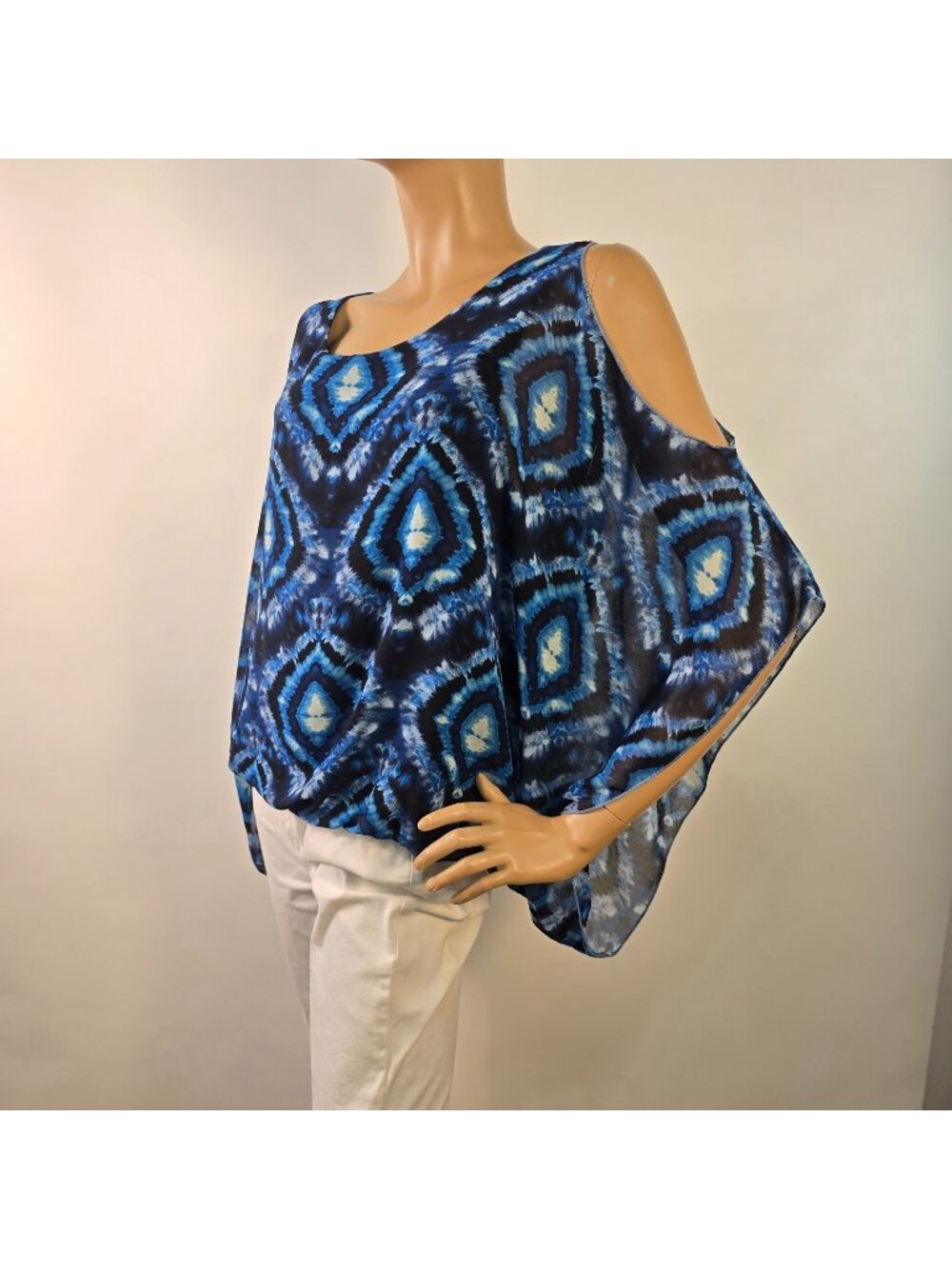 Karen Kane Cold Shoulder Scarf Blouson Top Ikat Style Tie-Dye Size L Made In USA